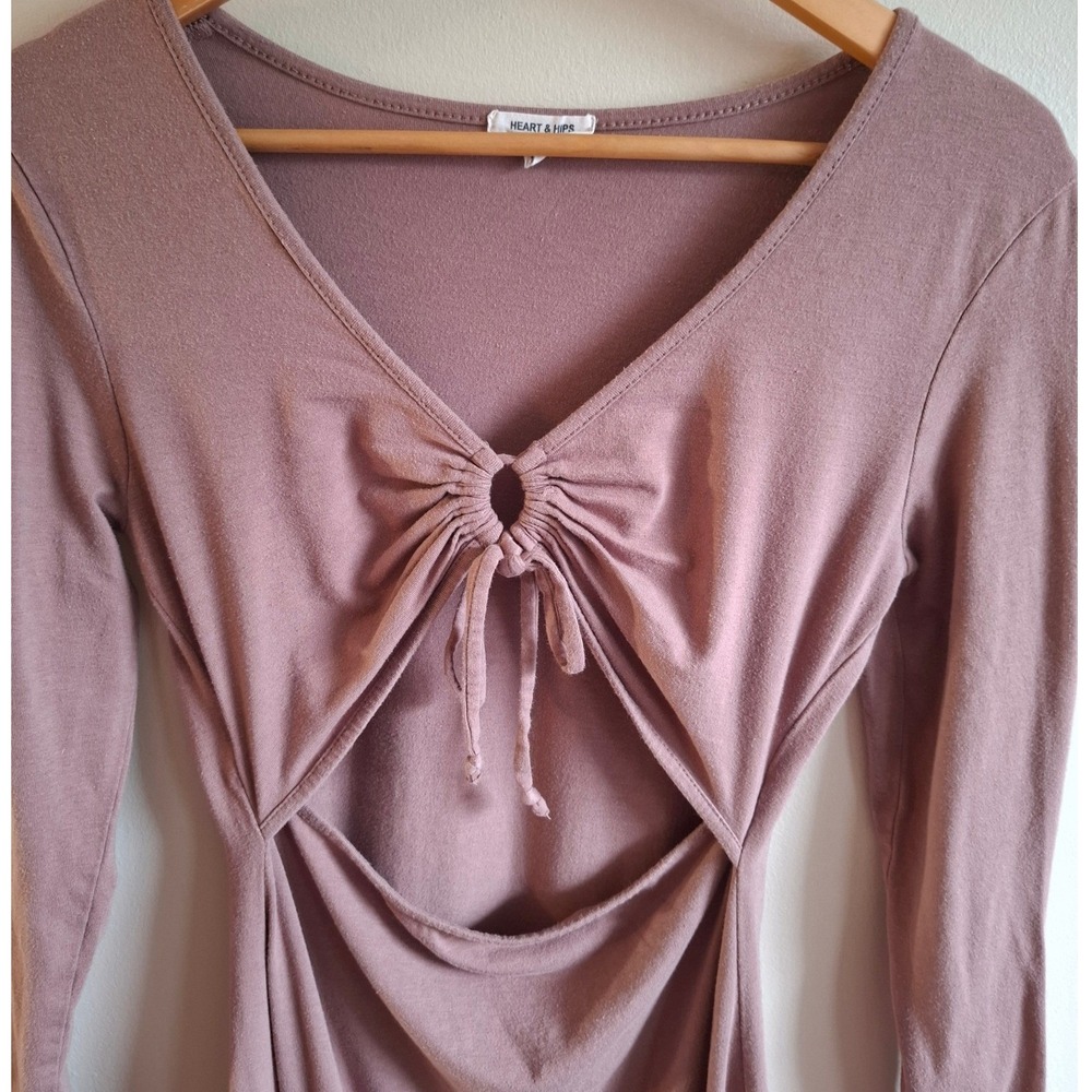Y2K Peekaboo Bodycon Purple Longsleeve Mini Dress Heart Hips Soft Cotton Rayon L